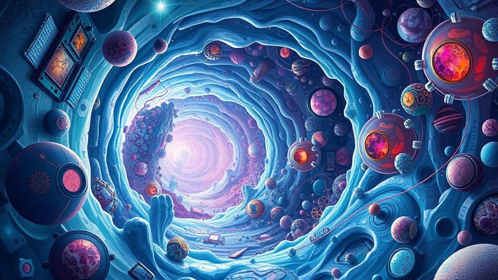 Surreal Sub-Atomic Zoo with Iridescent Crystal Tunnel