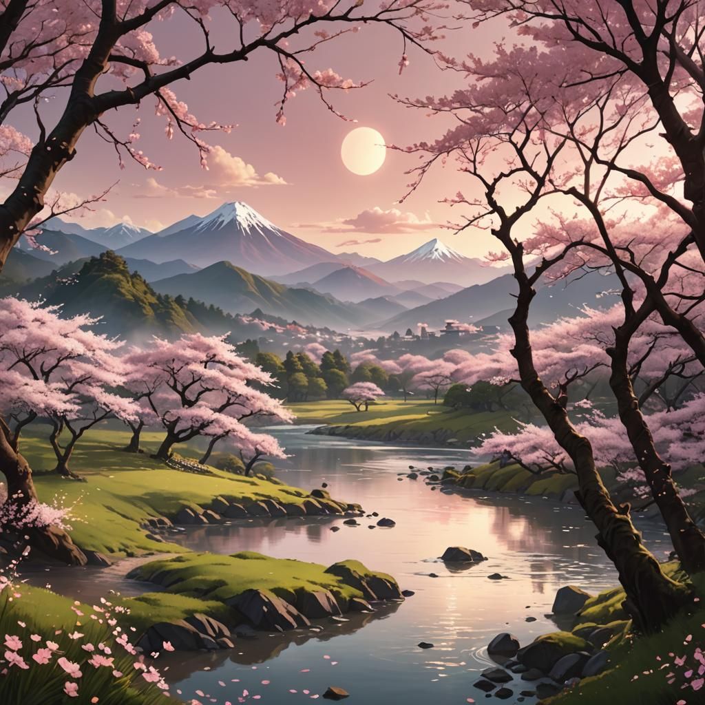 Cherry Blossom Field in Ukiyo-e Style