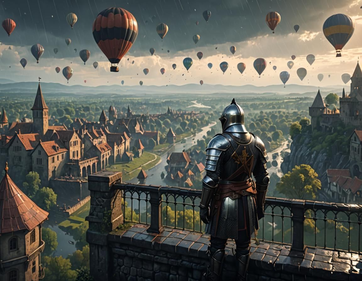 Knight Observes Hot Air Balloons on Rainy Day