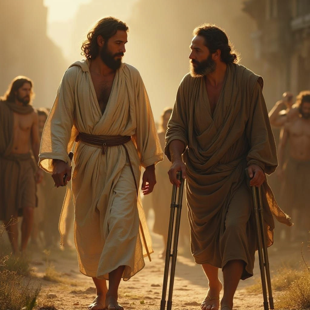Jesus Walking with a Man Using Crutches