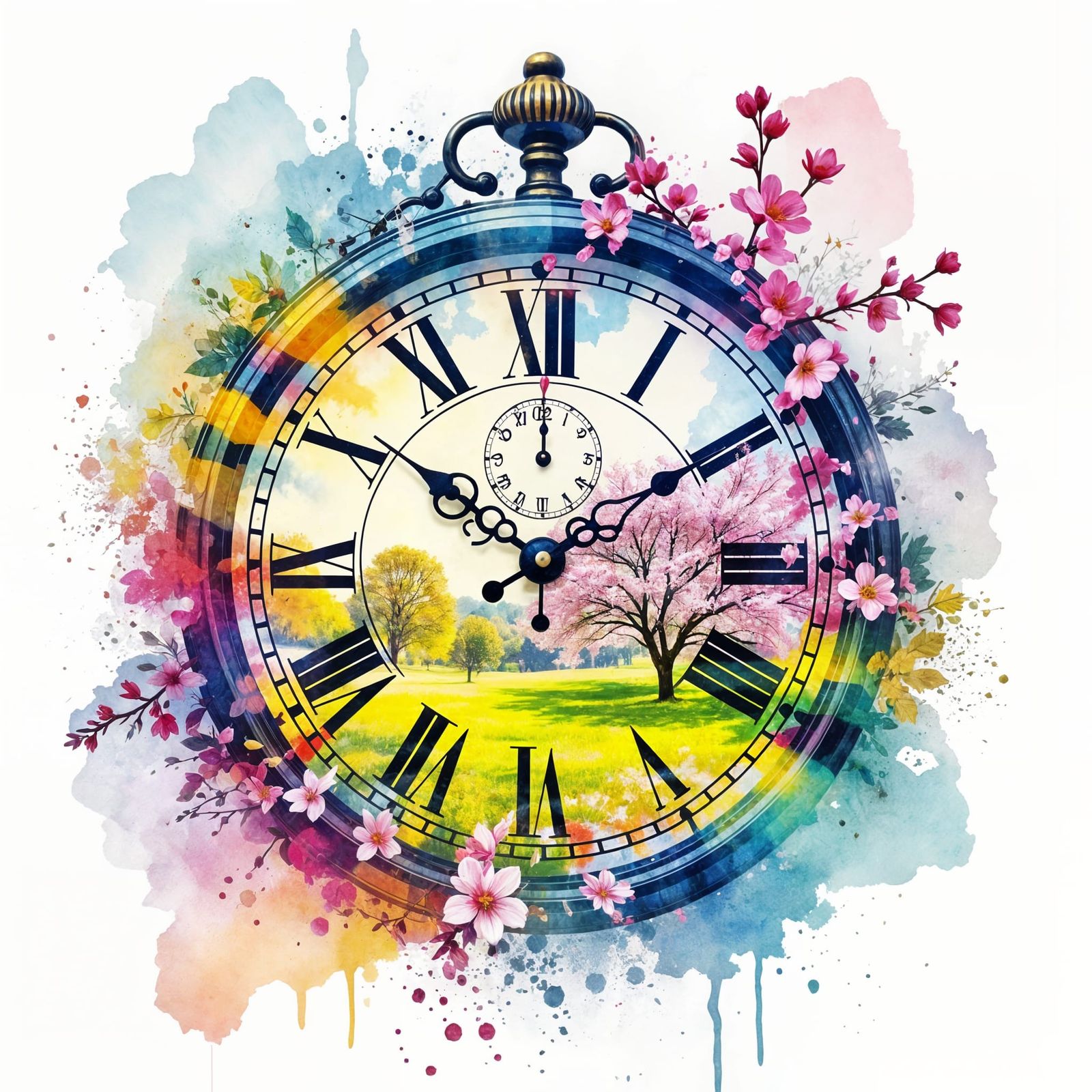 Spring Scene Merged with Clock in Surreal Watercolor Art