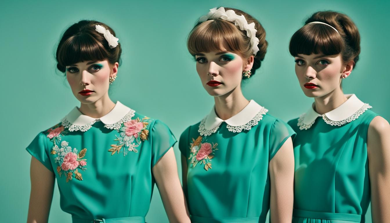 1960s Mod Women in Teal Chiffon Dresses