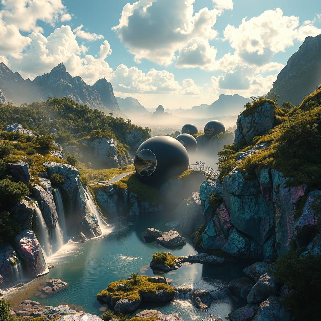 Vibrant Crystal Mountains Meet Futuristic Steel Habitat in a...