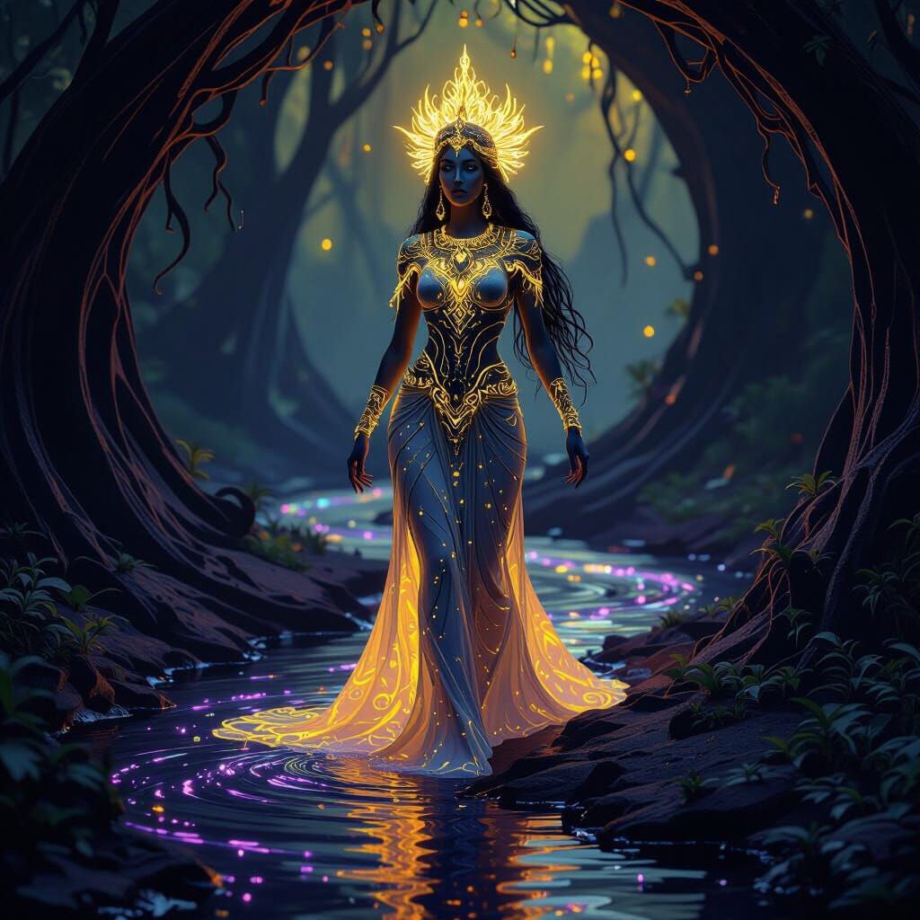 Bioluminescent Goddess Ereshkigal in Underworld River Landsc...