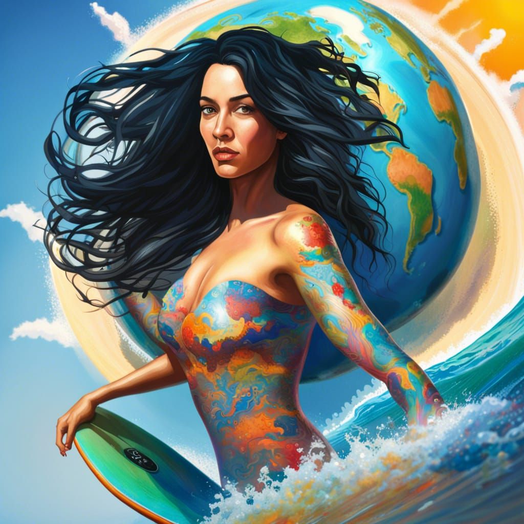 Woman Surfing with World Globe in Splash Art Style