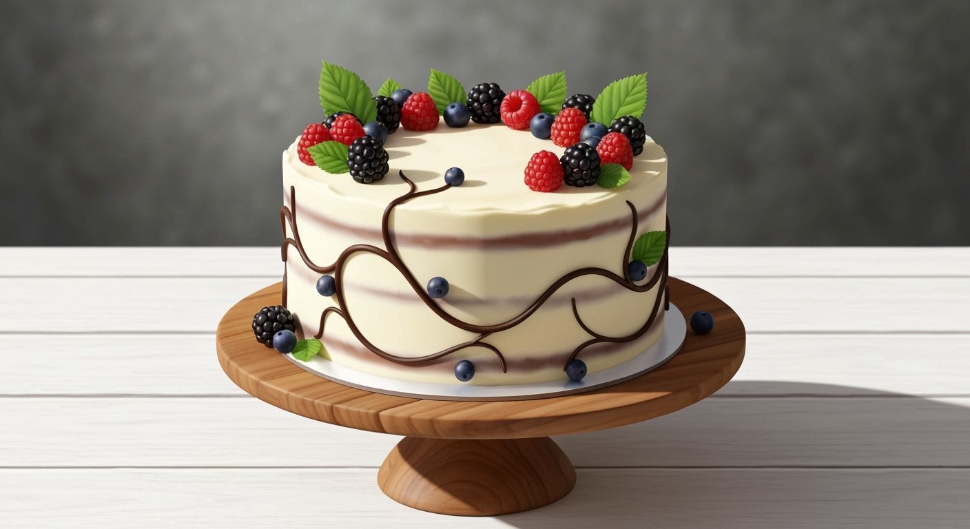 Cake Decorated with Berries and Chocolate Vines