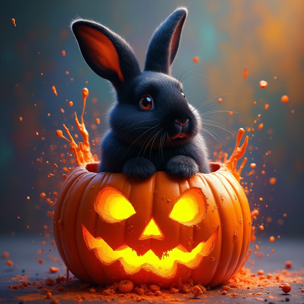 Hyperrealistic Black Bunny in Jack O Lantern