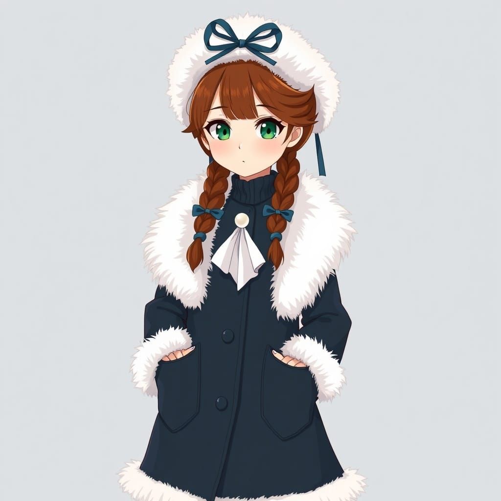 Anime Girl in Blue Coat with Braids and Fluffy Hat