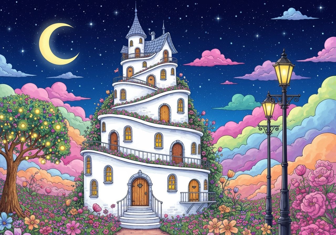 Whimsical Fairy Tale House with Glowing Lights Under Starry ...