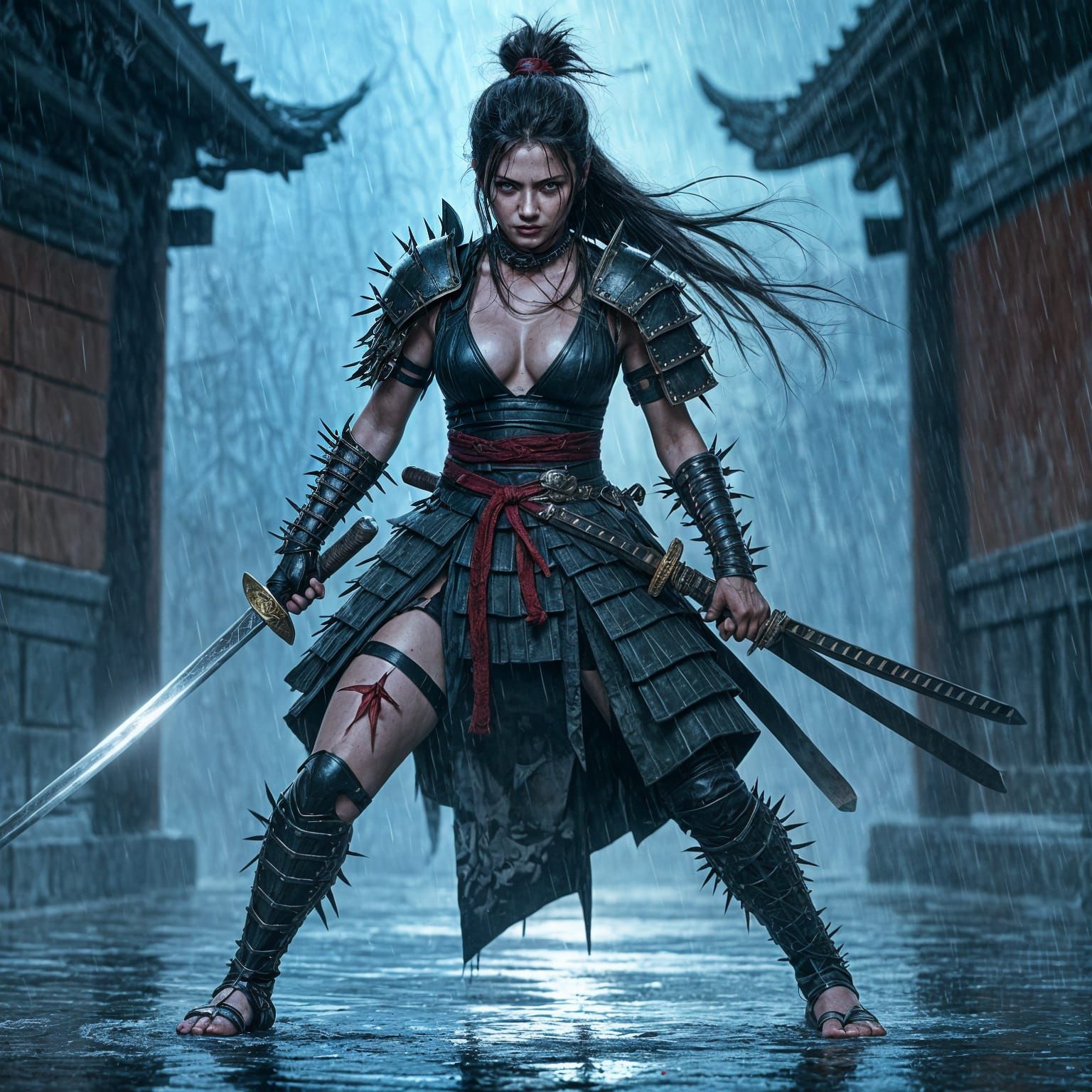 Stoic Geisha Warrior in Battle Stance, Raining
