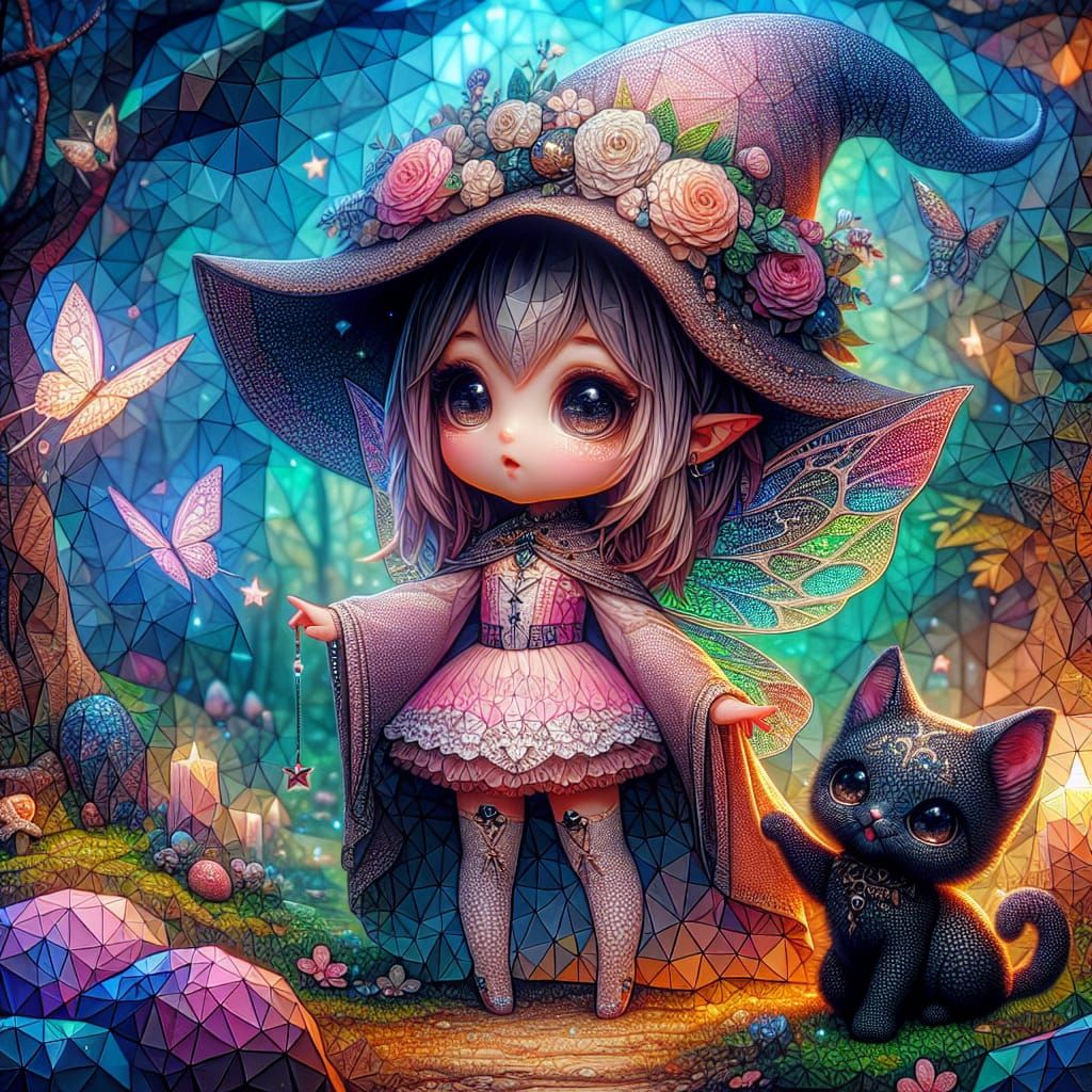 Charming Chibi Fairy with Kitten in Whimsical Forest