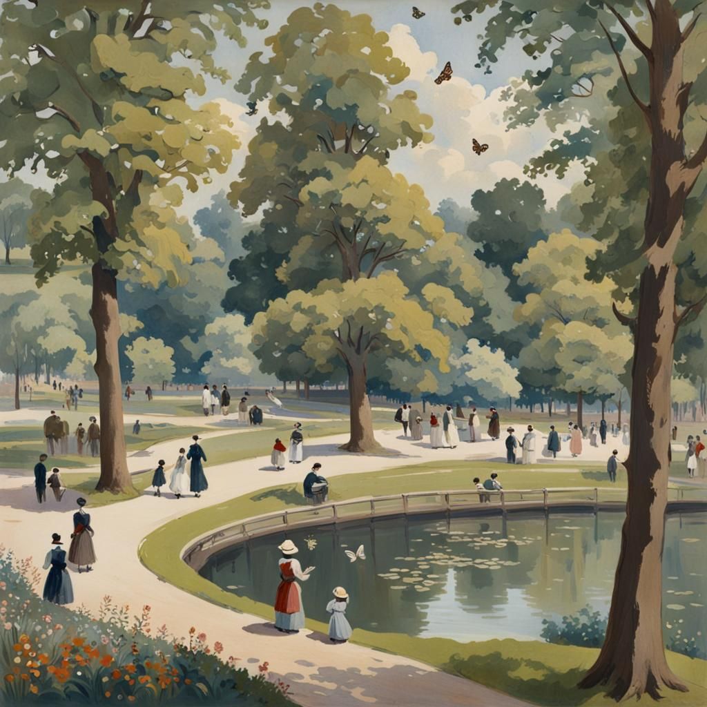 Early 1900s Park Scene: Gouache Detailed Painting