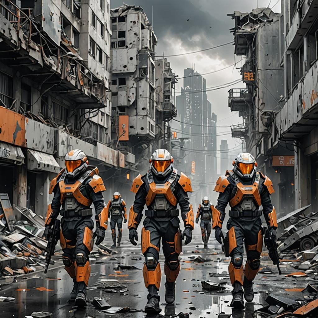 Futuristic Soldiers Patrol Dystopian City Street