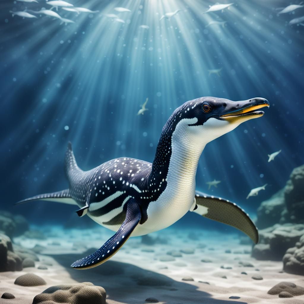 Plesiosaur and Penguin Underwater in Natural Lighting