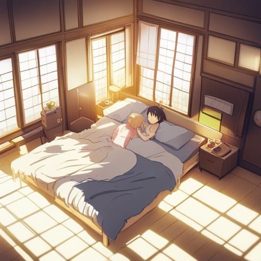 Lovers Sleeping in Sunlit Japanese Bedroom