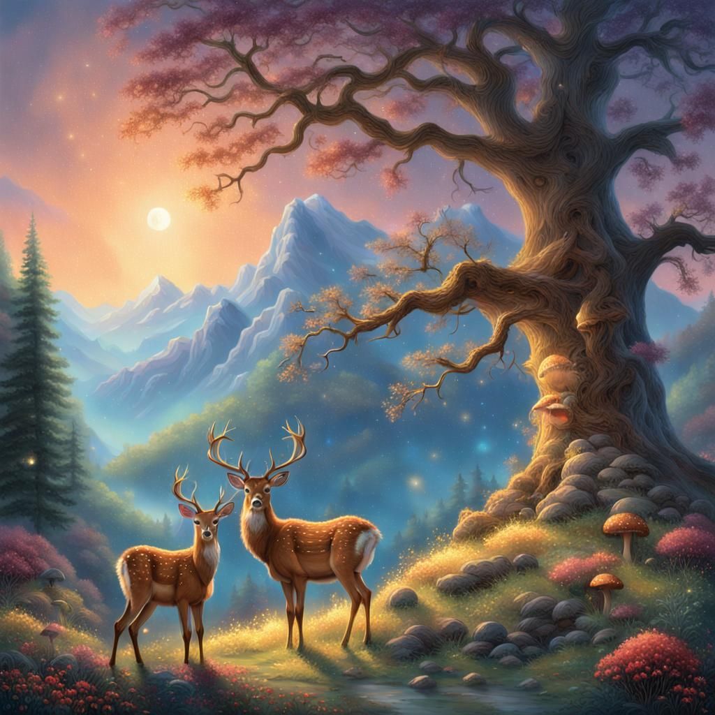 Ethereal Deer Under Starry Sky