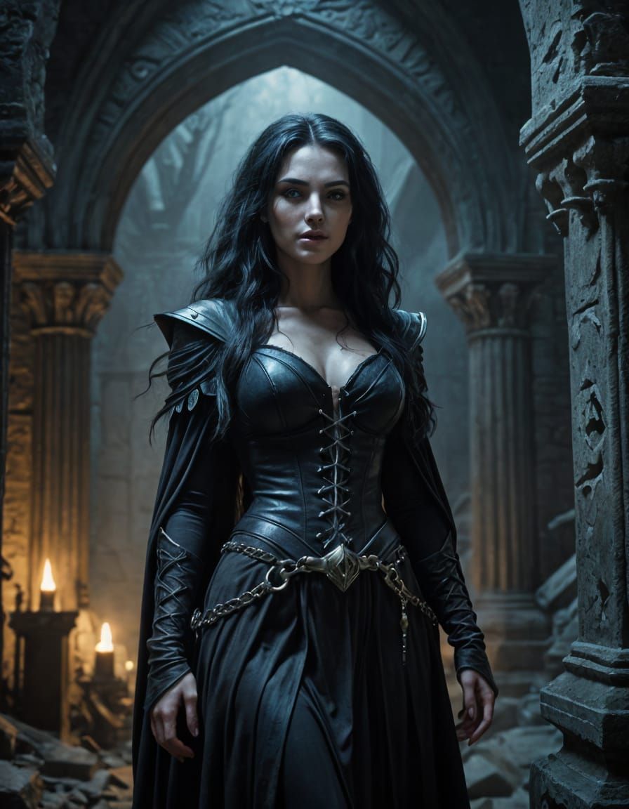 Sorceress in a Haunting Crypt Scene