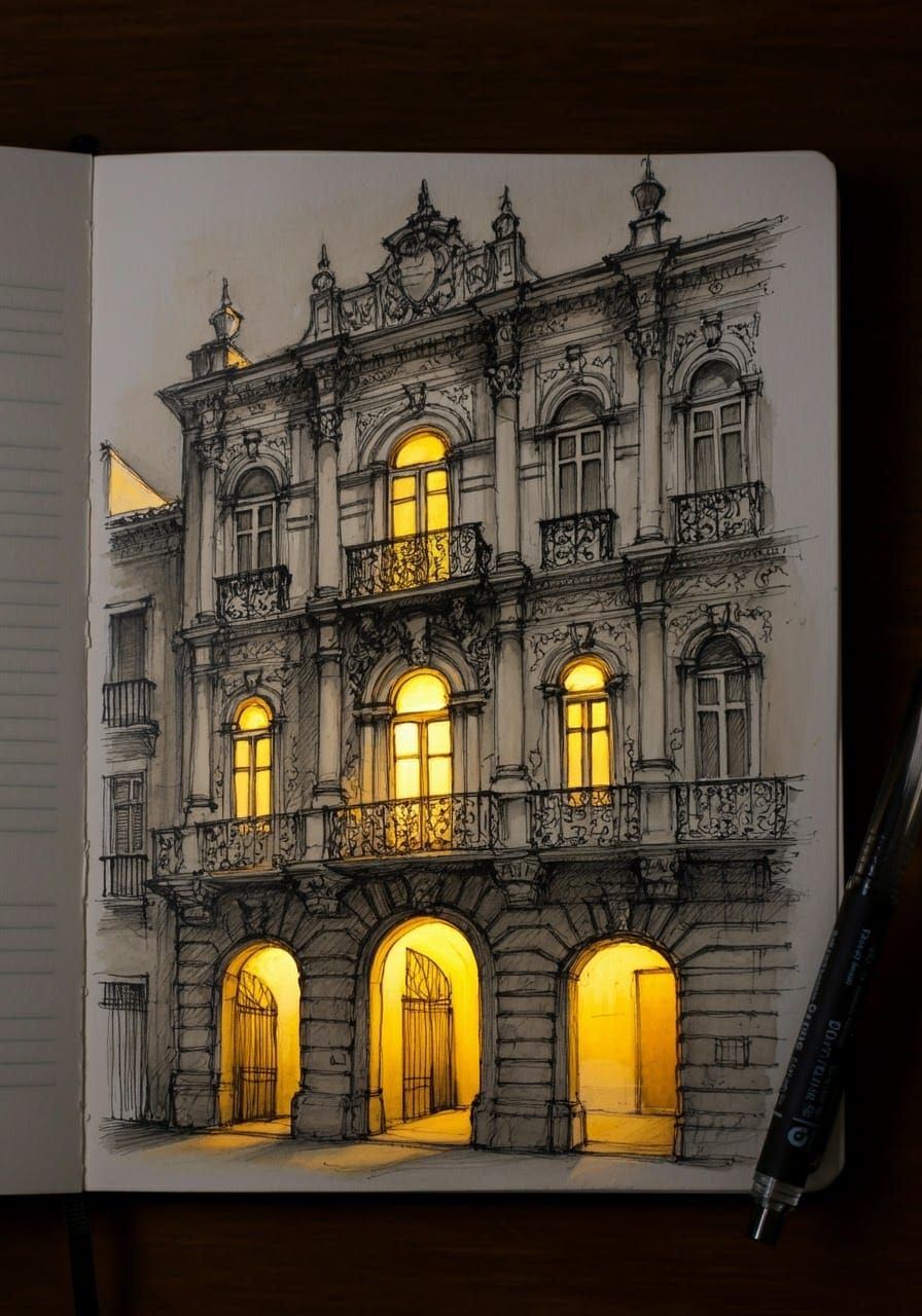 Ink Drawing of Historic Building with Yellow Glow