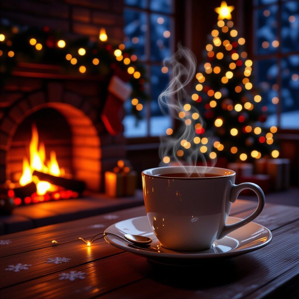 Cozy Christmas Night with Steaming Tea by Firelight