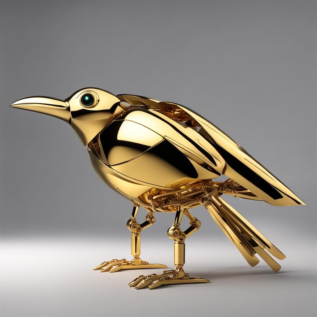 Pajaro robot griego de oro con instricados detalles de oro l...