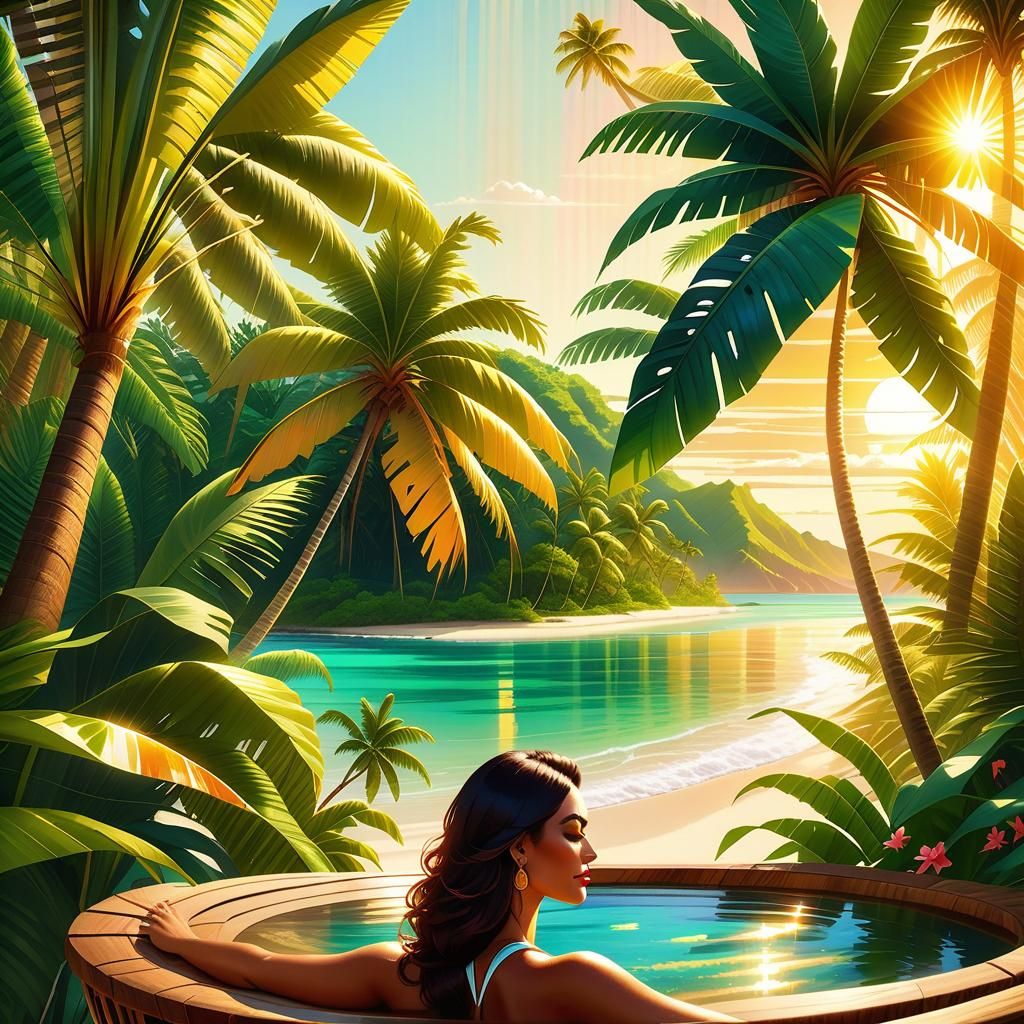 Tropical Island Oasis on Woman's Head: Hyperrealistic Art