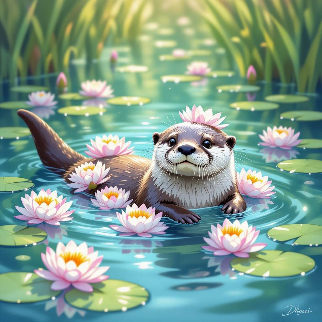 Water Lily Otter Swimming in Pond, Watercolor Style