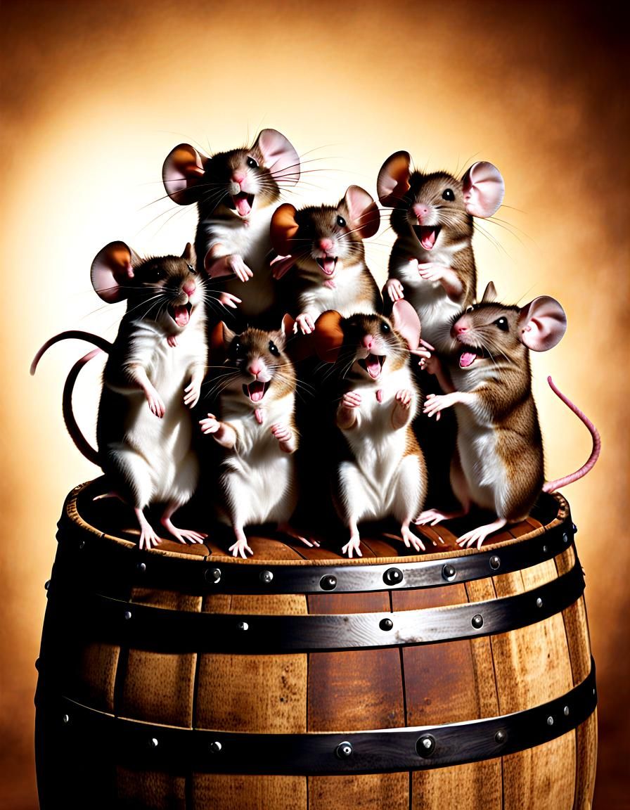 Drunken Mice Celebrate on Wine Barrel