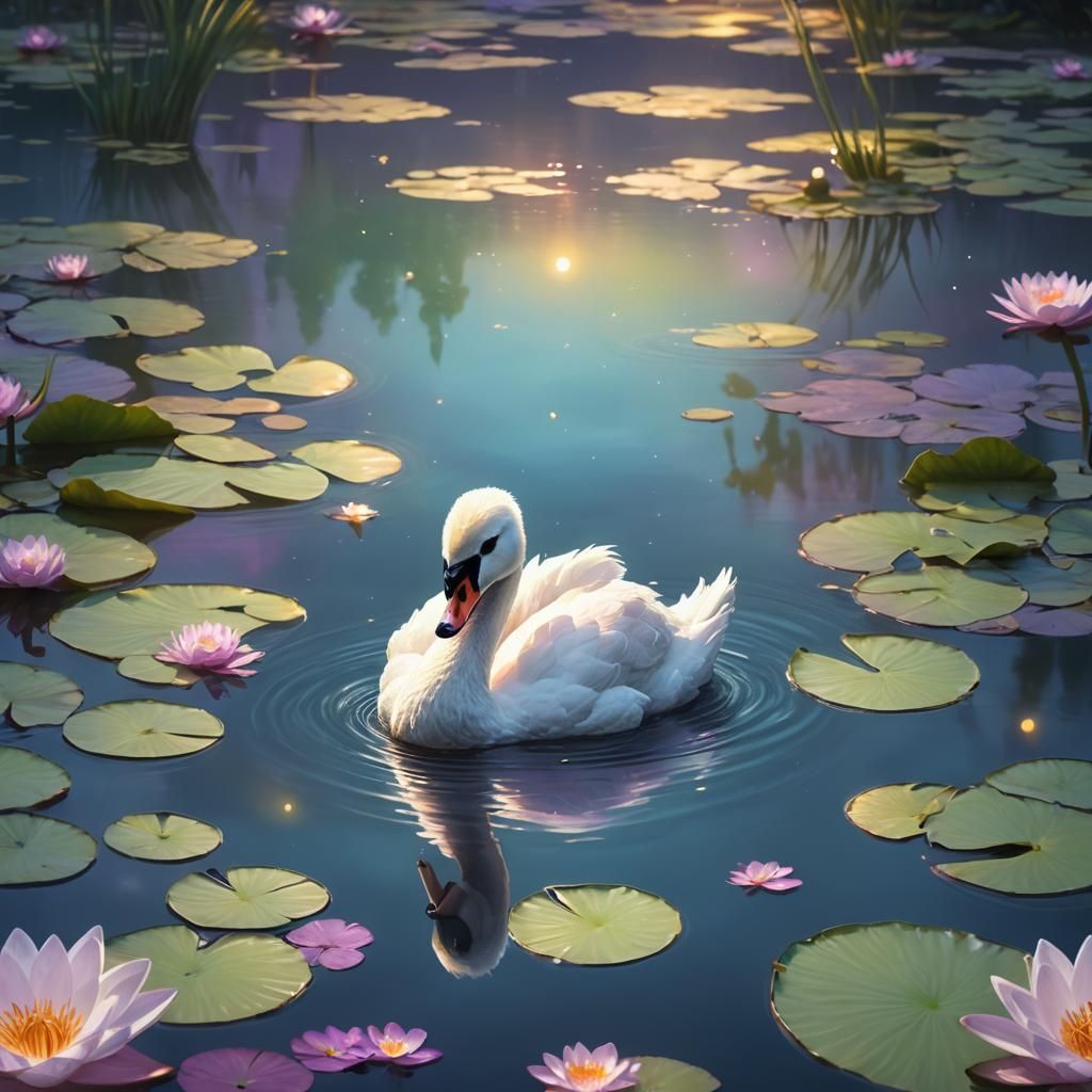 Cute Swan in Iridescent Lily Pond: Fantasy Art