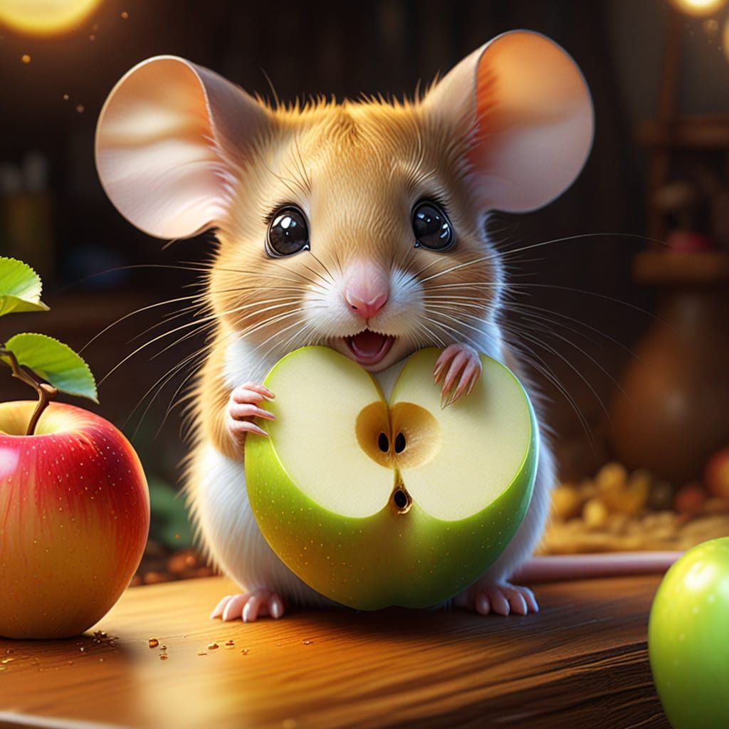 Adorable Kawaii Mouse Eating Apple in Vivid Colors