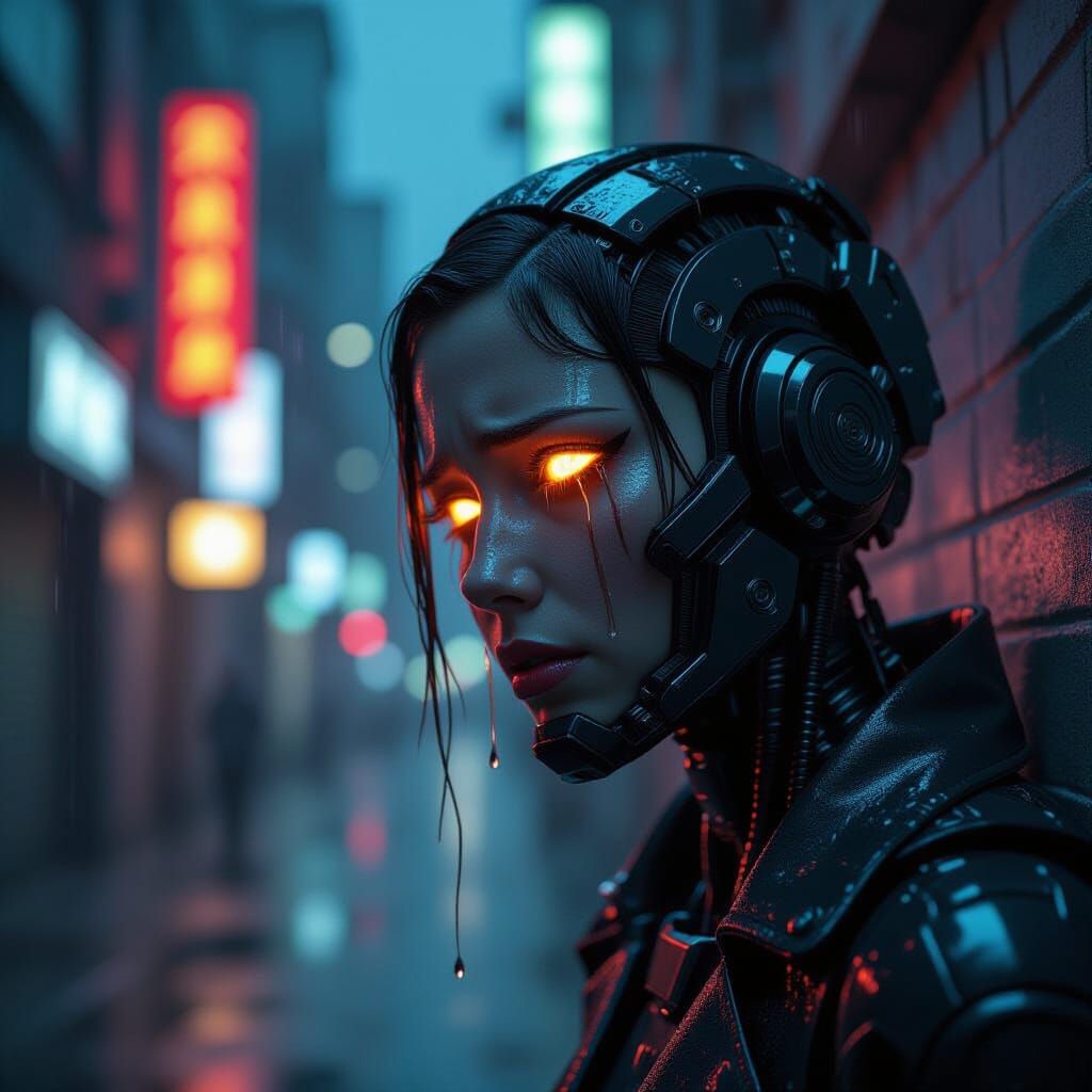 Cyborg Weeps Oil Tears in Cyberpunk Alley