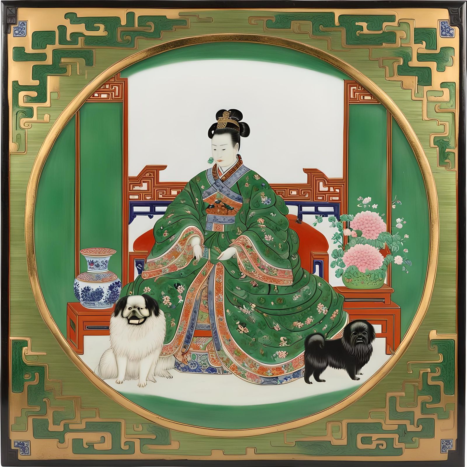 Chinese Empress with Pekingese Dog in Porcelain Style