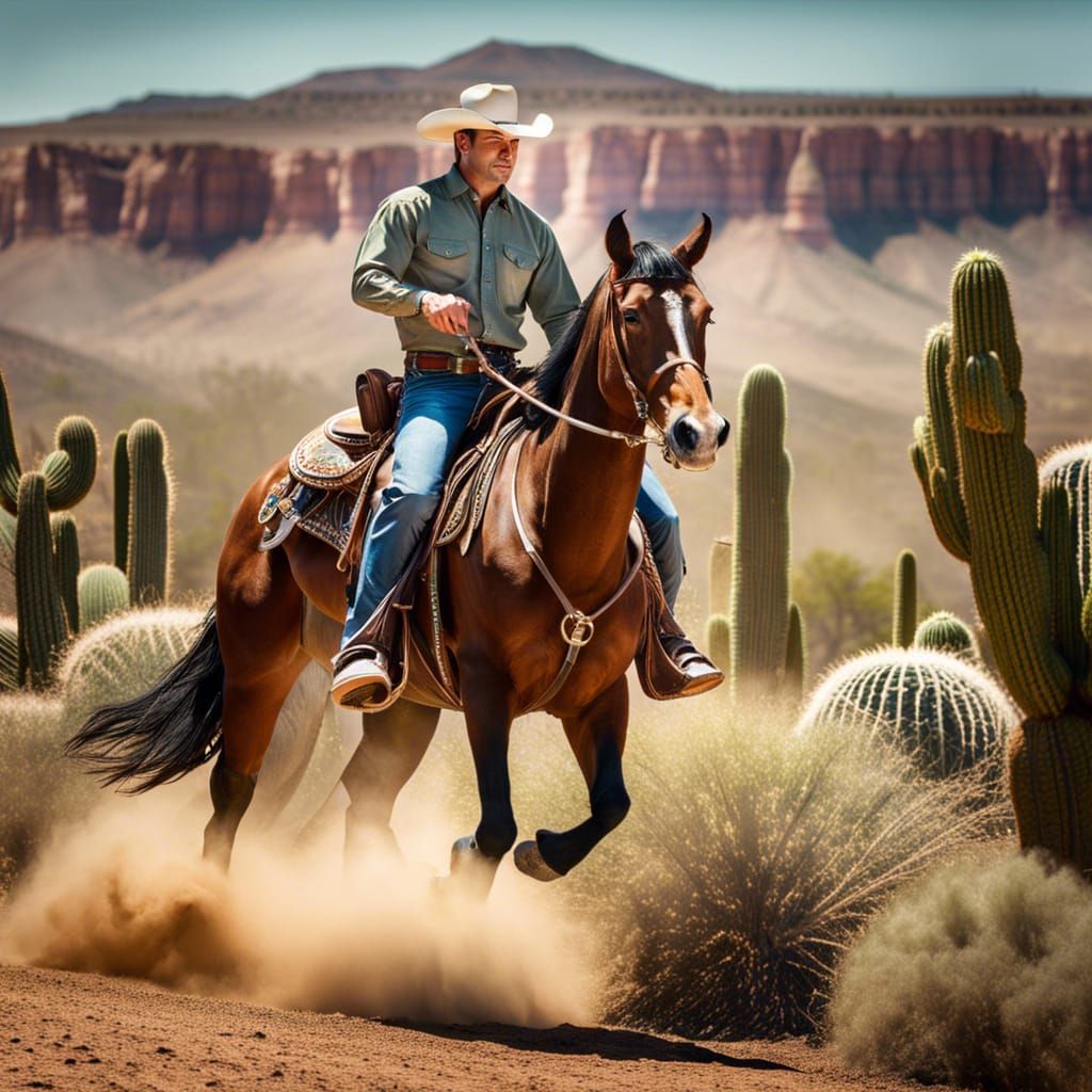 Cowboy Rides Horse Across Desert Landscape
