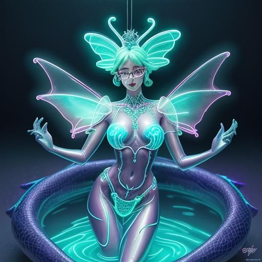Glass Woman Statue in Milk Bath with Neon Dragons