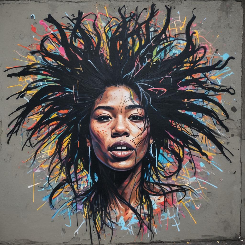 Asian Woman in Surreal Basquiat-Inspired Street Art