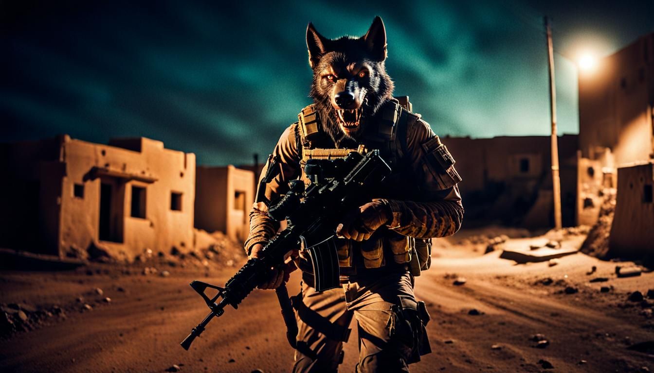 Werewolf in Desert Camo Prowling Iraqi Town
