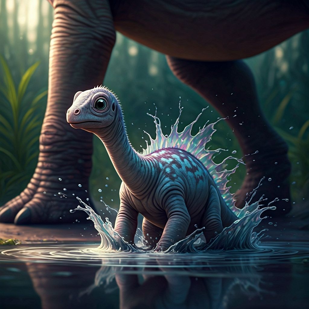 Baby Diplodocus Splashing: A Whimsical Realism Scene