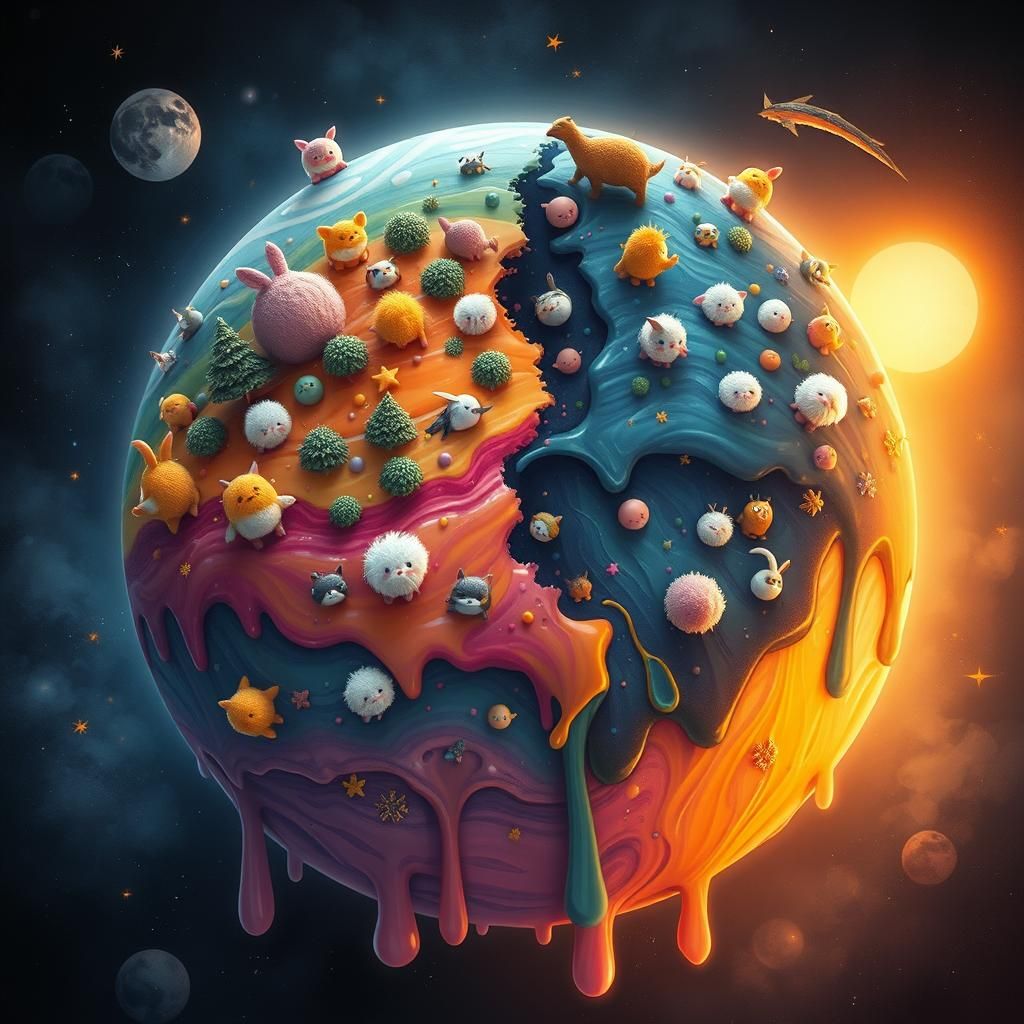 Candle Wax Planet with Adorable Chibi Monsters
