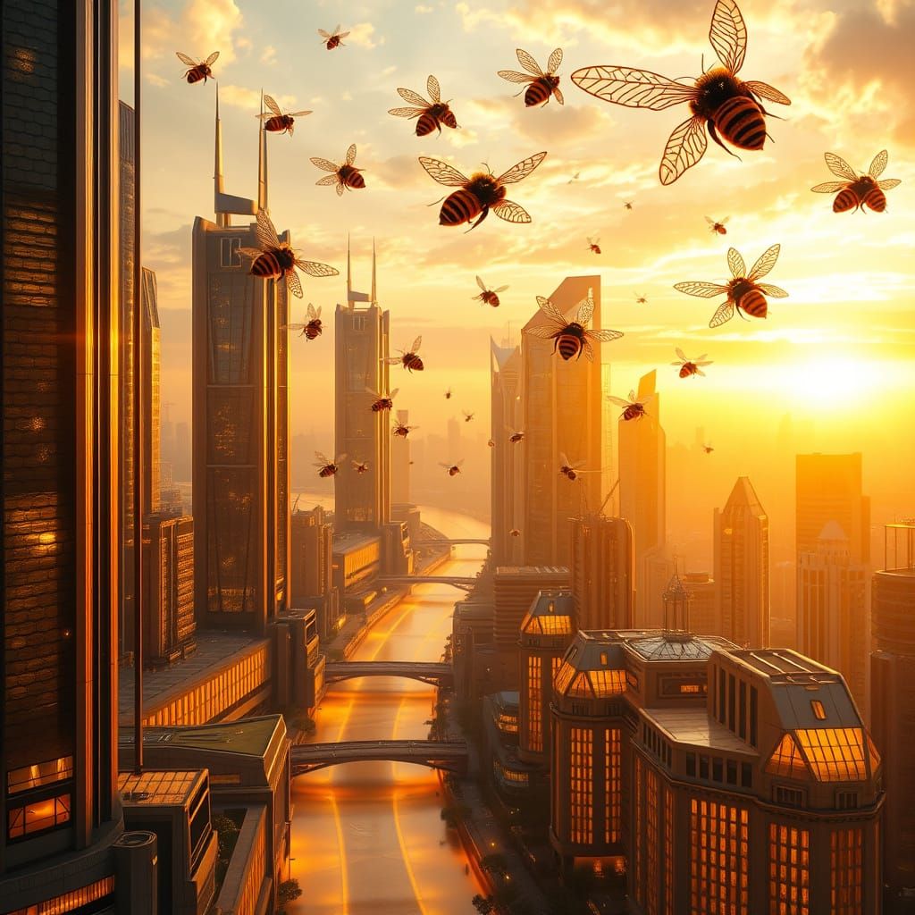 Futuristic Bee Metropolis at Sunset, with Honeycomb Skyscrap...