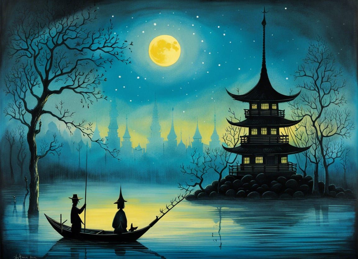 Moonlit Fishing Pagoda in Ink Lithography Style