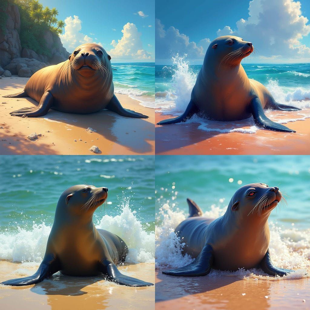 Hyperrealistic Sea Lion on Beach in Dramatic Splash Art Styl...
