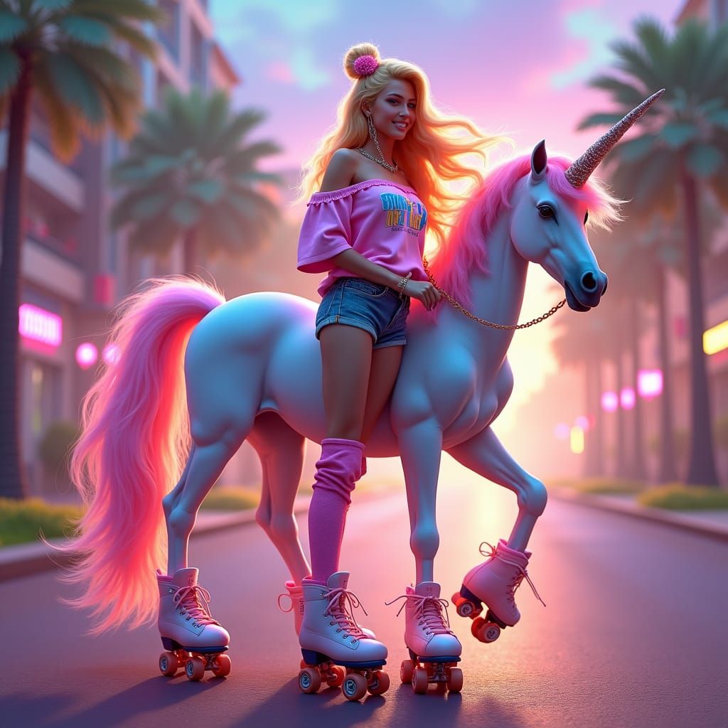 80s Airbrush: Blonde Woman and Iridescent Unicorn