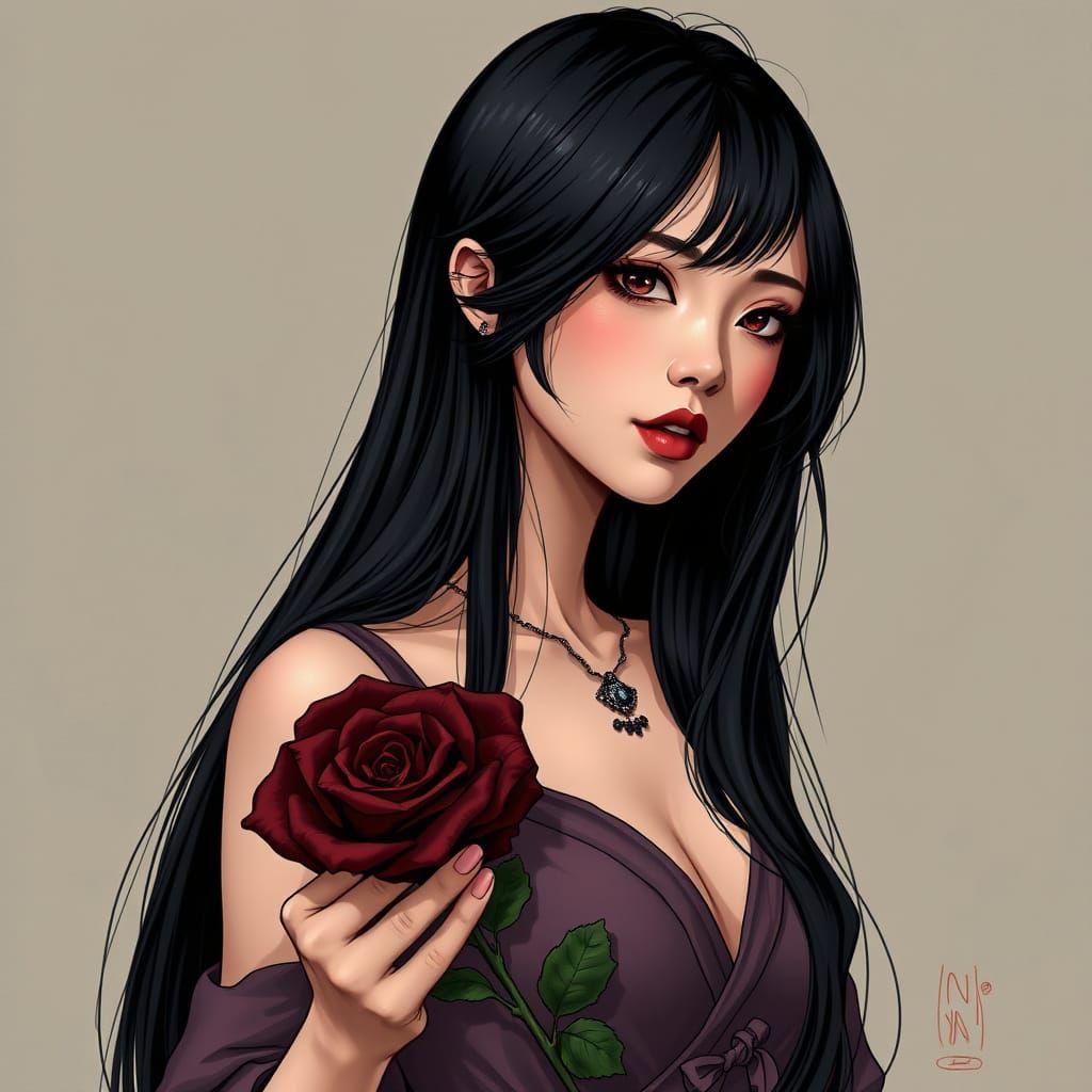 Asian Woman with Rose: Hyperrealistic Comic Book Art