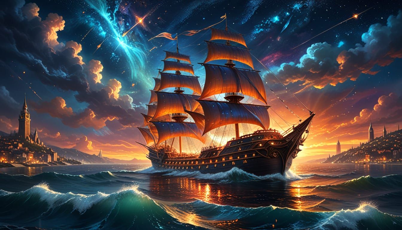Majestic Ship Sails to Fantasy City