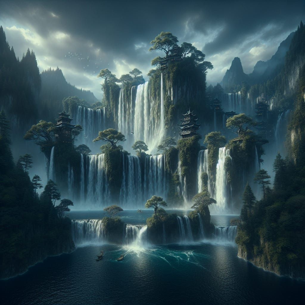 Fantastical Waterfalls Cascade in Rich Matte Painting