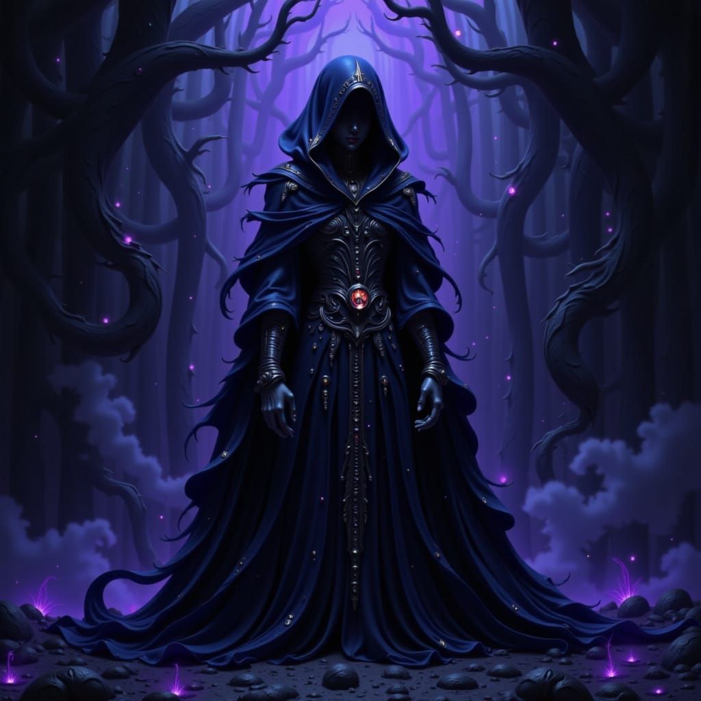 Dark Surrealism: Hooded Figure in Indigo Shadows