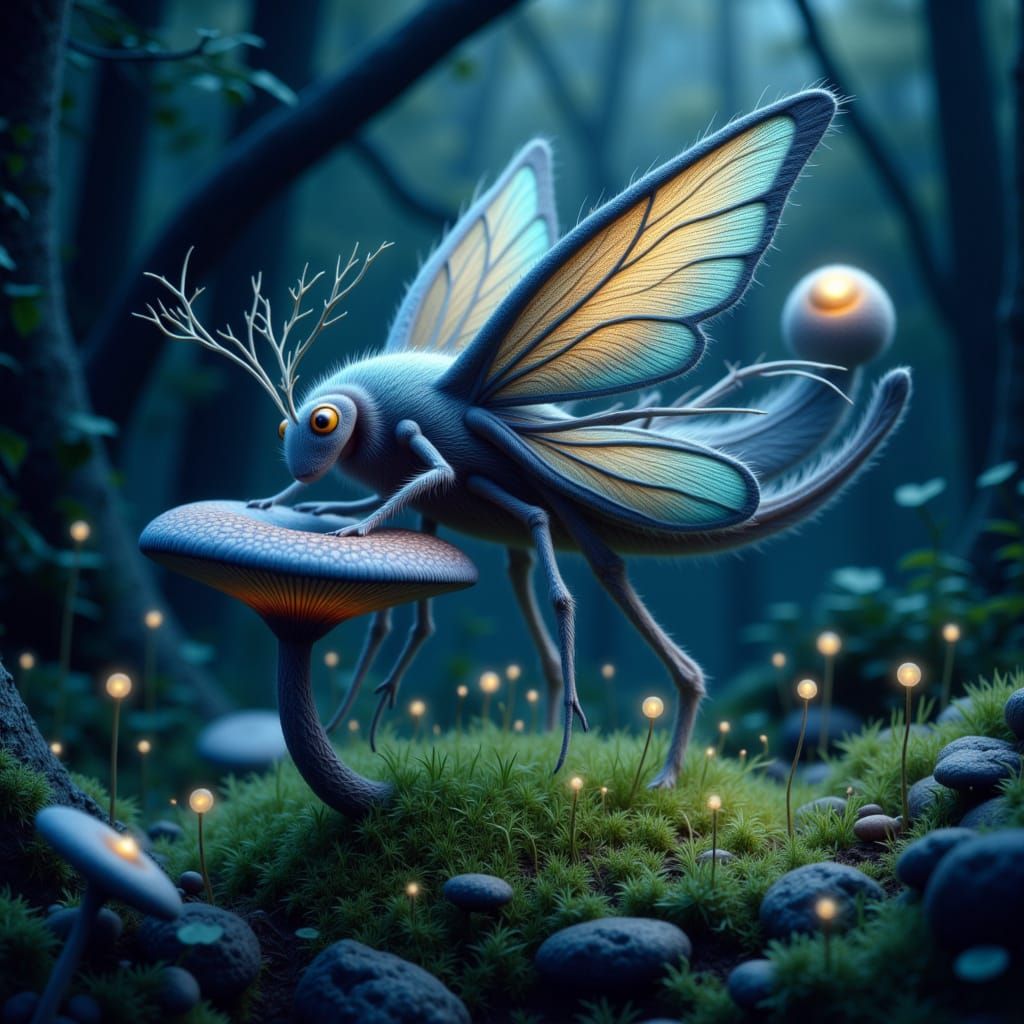 Whimsical Moth-Mushroom Creature in Enchanted Forest