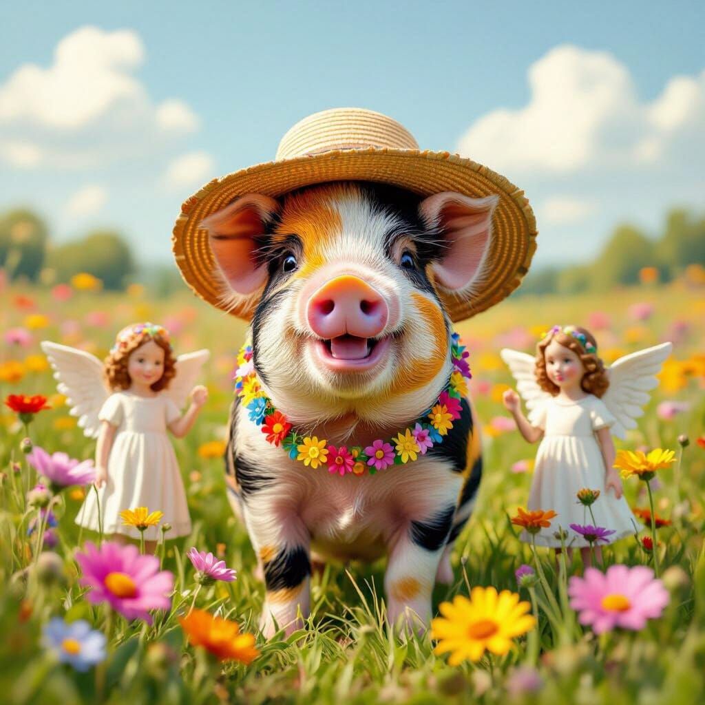 Happy Kune Kune Piggy in Flower Field with Angels