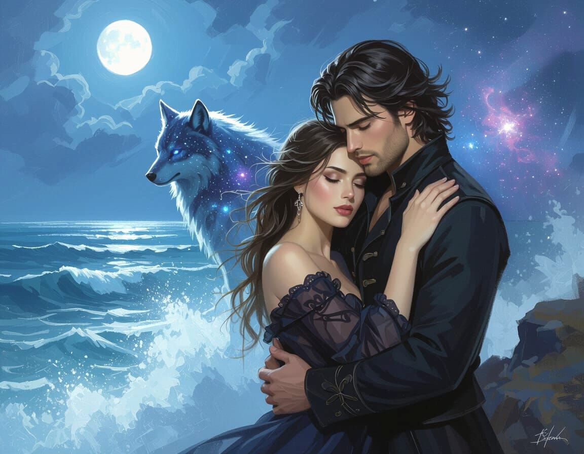 Gothic Romance Couple on Cliff Overlooking Starlit Ocean