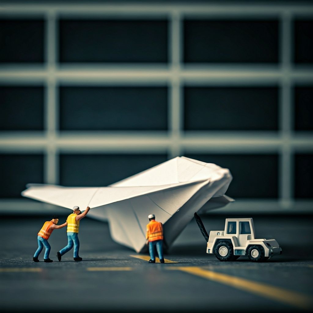 Miniature Airport Crew Pushing Paper Airplane