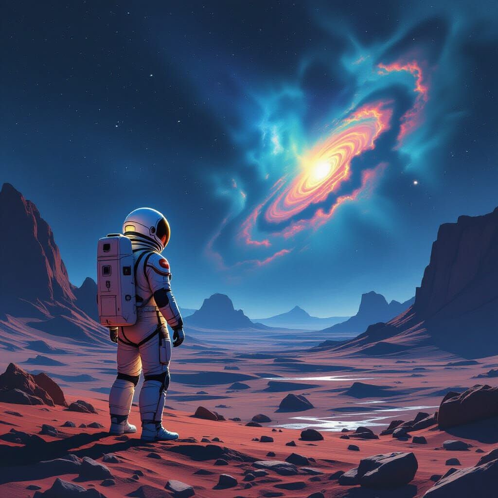 Astronaut on Alien World Under Nebula Light